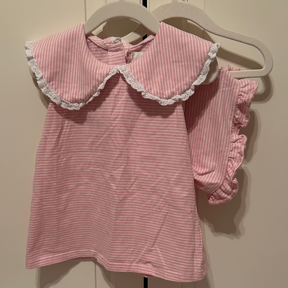 Pink Striped Girls Matching Set with Lace Collar